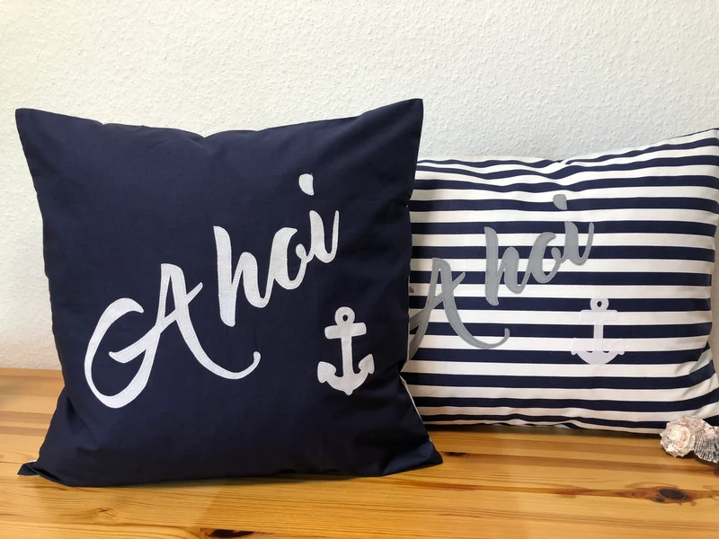 Maritime Kissenhülle, Landhausstil Dekokissen, Ahoi, blau/weiß