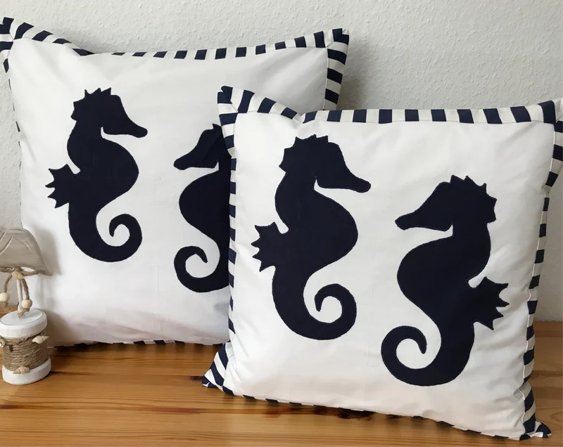 Maritime Kissenhülle, Landhausstil Kissenbezug * Seepferdchen weiß/blau