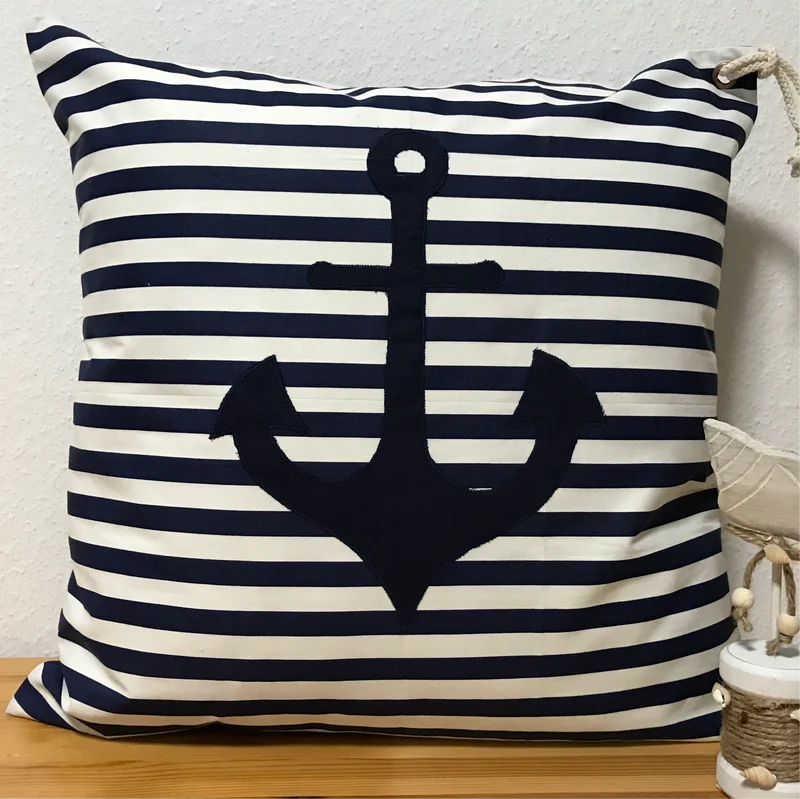 Maritime Kissenhülle, Landhausstil Kissenbezug, Anker blau/weiß