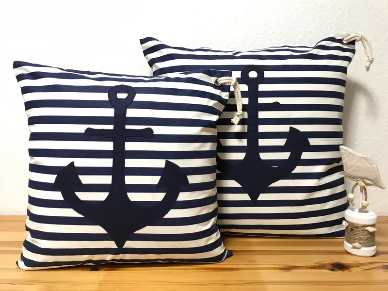 Maritime Kissenhülle, Landhausstil Kissenbezug, Anker blau/weiß