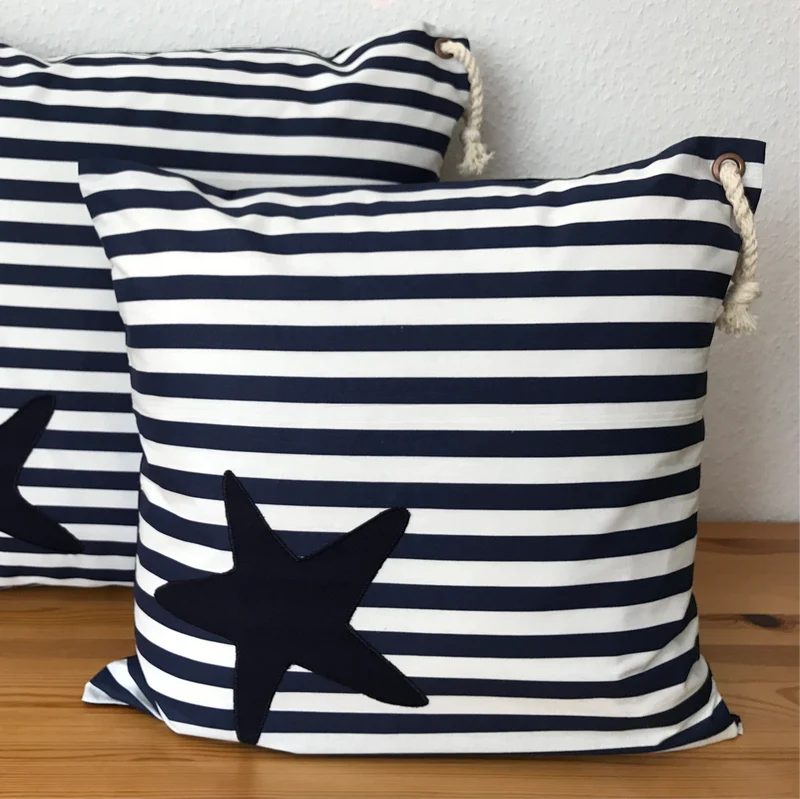 Maritime Kissenhülle, Landhausstil Dekokissen Seestern blau/weiß gestreift