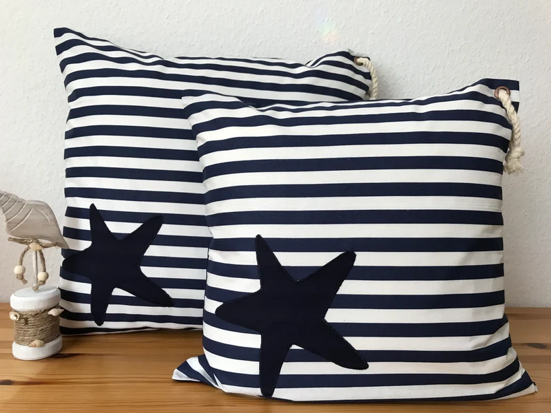 Maritime Kissenhülle, Landhausstil Dekokissen Seestern blau/weiß gestreift