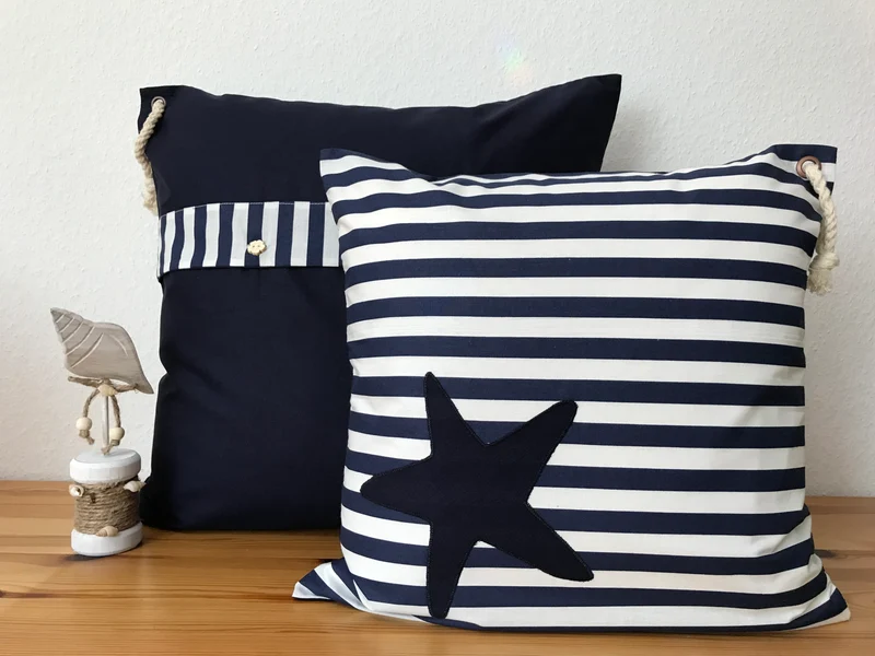 Maritime Kissenhülle, Landhausstil Dekokissen Seestern blau/weiß gestreift