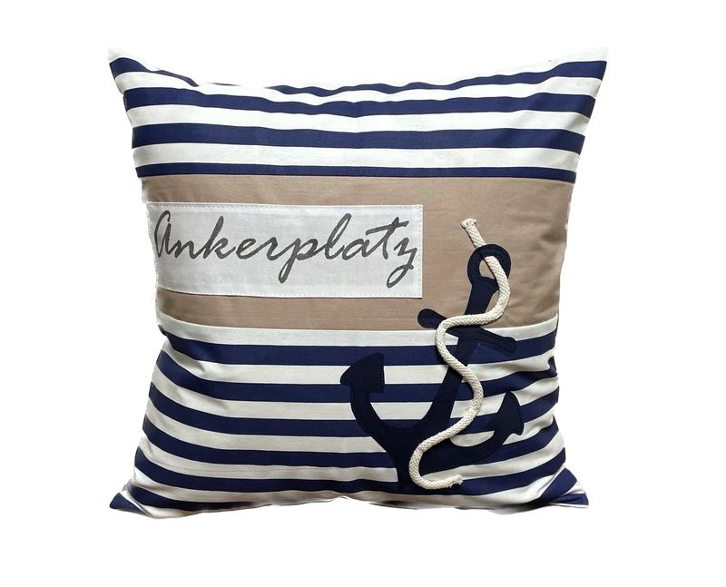 1x Maritime Kissenhülle, Kissenbezug, Landhausstil Kissen, Dekokissen Ankerplatz blau/weiß