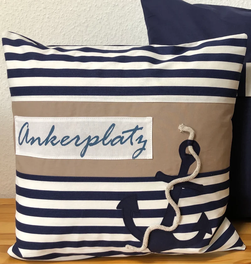 1x Maritime Kissenhülle, Kissenbezug, Landhausstil Kissen, Dekokissen Ankerplatz blau/weiß