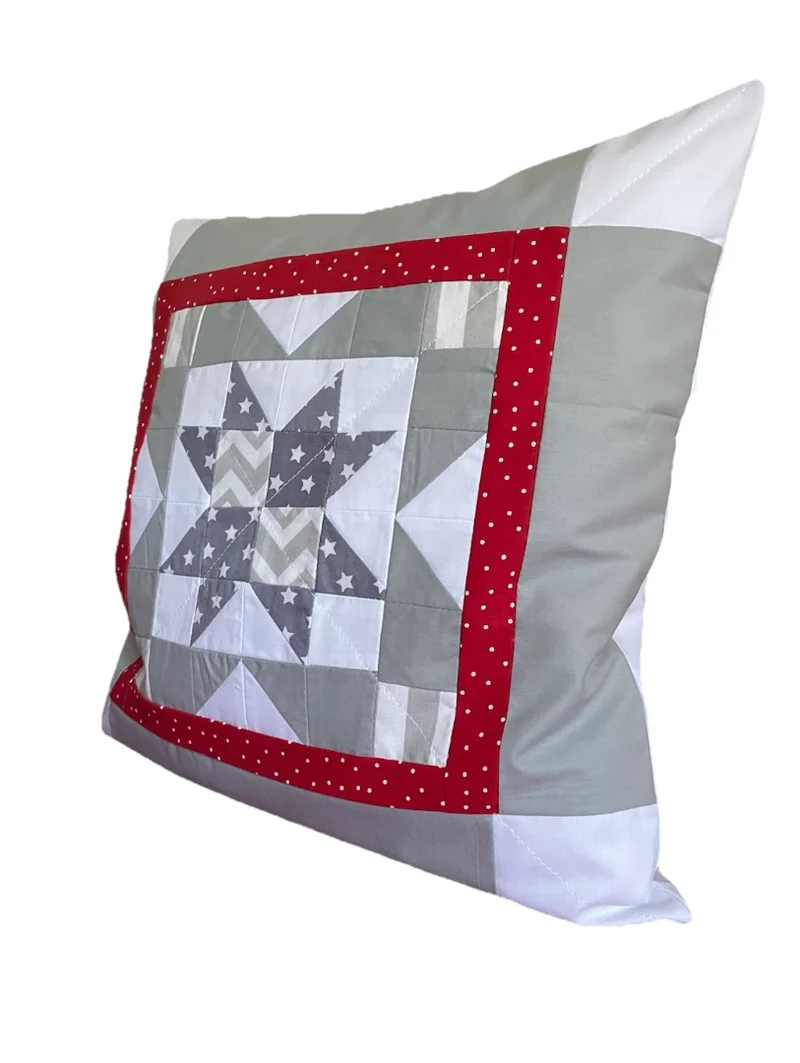 Patchwork Kissenhülle, Landhausstil Kissenbezug, rot/grau/weiß 40x40cm