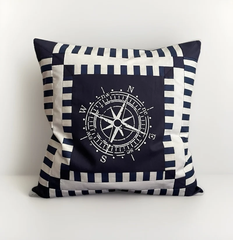 Maritime Kissenhülle, Patchwork Kissenbezug, Dekokissen * Kompass * blau/weiß