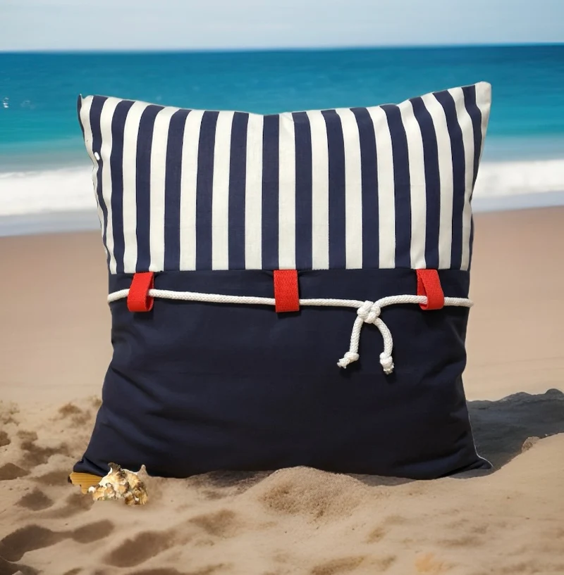 Maritime Kissenhülle, Landhausstil Dekokissen Seemannsknoten blau/weiß gestreift