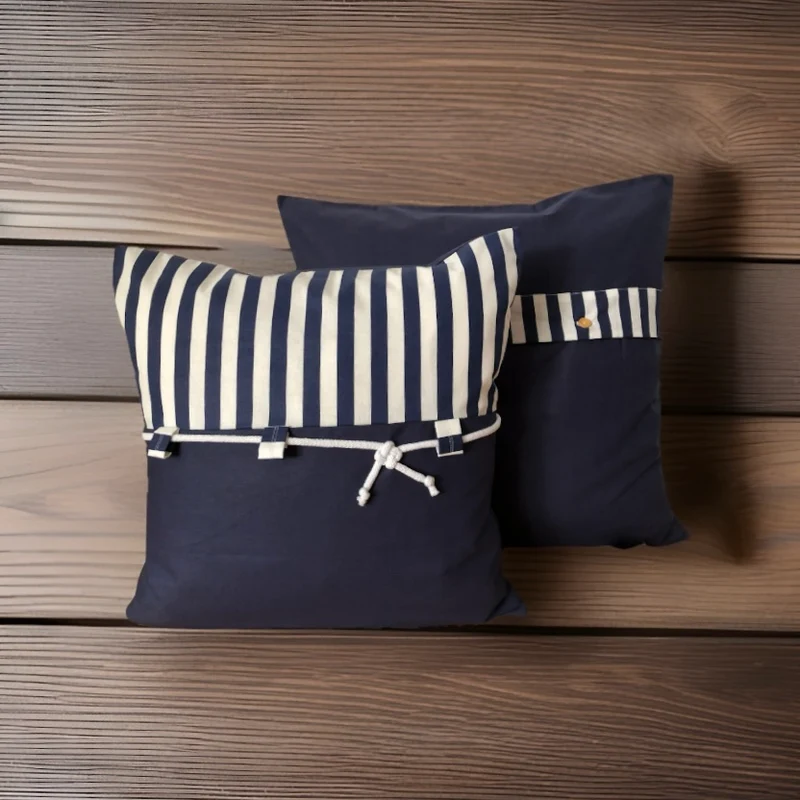 Maritime Kissenhülle, Landhausstil Dekokissen Seemannsknoten blau/weiß gestreift