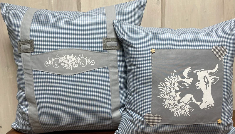 Landhausstil Kissenhülle * Kissenbezug * blau/grau kariertes Dekokissen * Hosenträger *