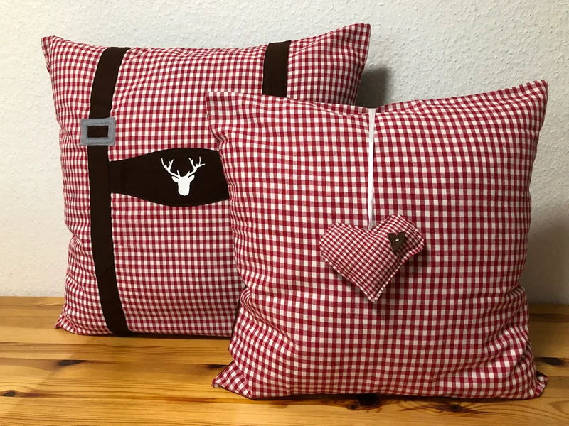 Landhausstil Kissenhülle * Kissenbezug * rot/weiß/braun kariertes Dekokissen mit Herzanhänger
