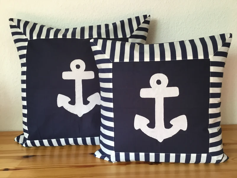 Maritime Kissenhülle, Landhausstil Kissenbezug *Anker* blau/weiß