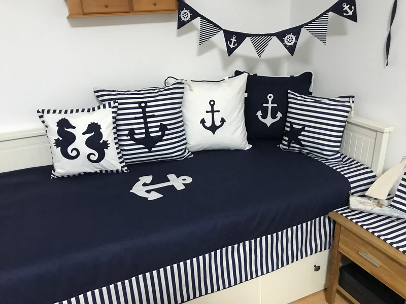 Maritime Kissenhülle, Landhausstil Kissenbezug *Anker* blau/weiß