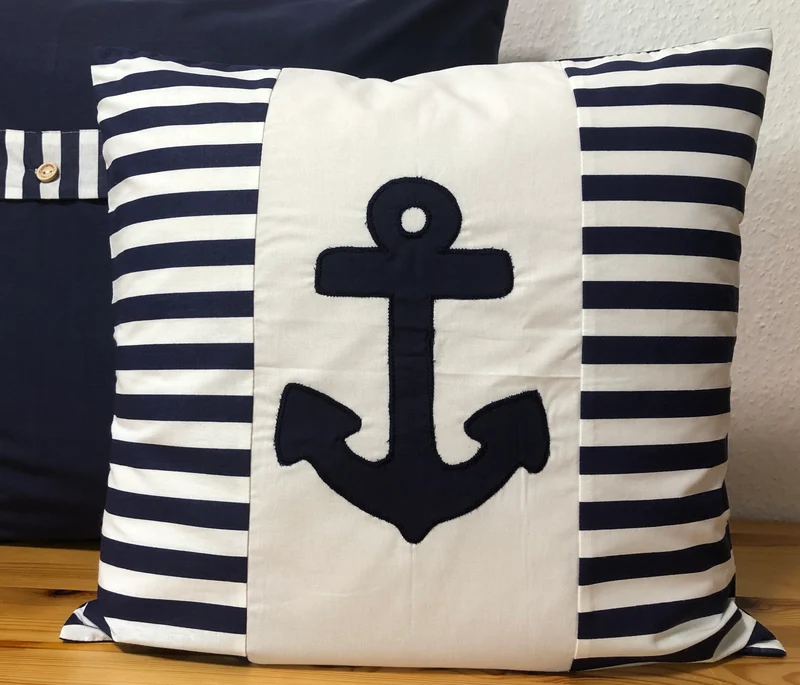 1 Maritime Kissenhülle, Kissenbezug,Landhausstil Kissen Anker weiß/blau