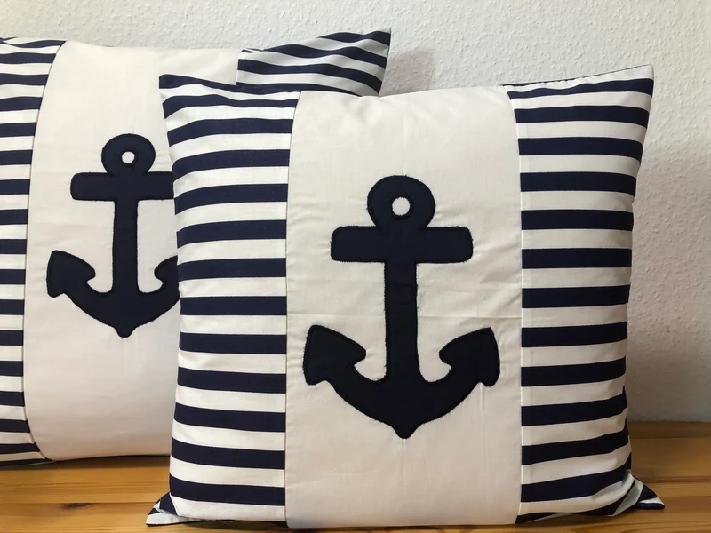 1 Maritime Kissenhülle, Kissenbezug,Landhausstil Kissen Anker weiß/blau