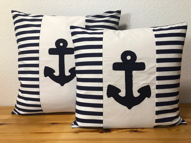 1 Maritime Kissenhülle, Kissenbezug,Landhausstil Kissen Anker weiß/blau