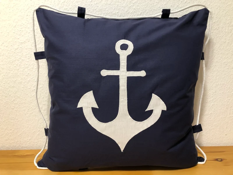 Maritime Kissenhülle mit Kordel, Landhausstil Dekokissen * Anker * blau/weiß