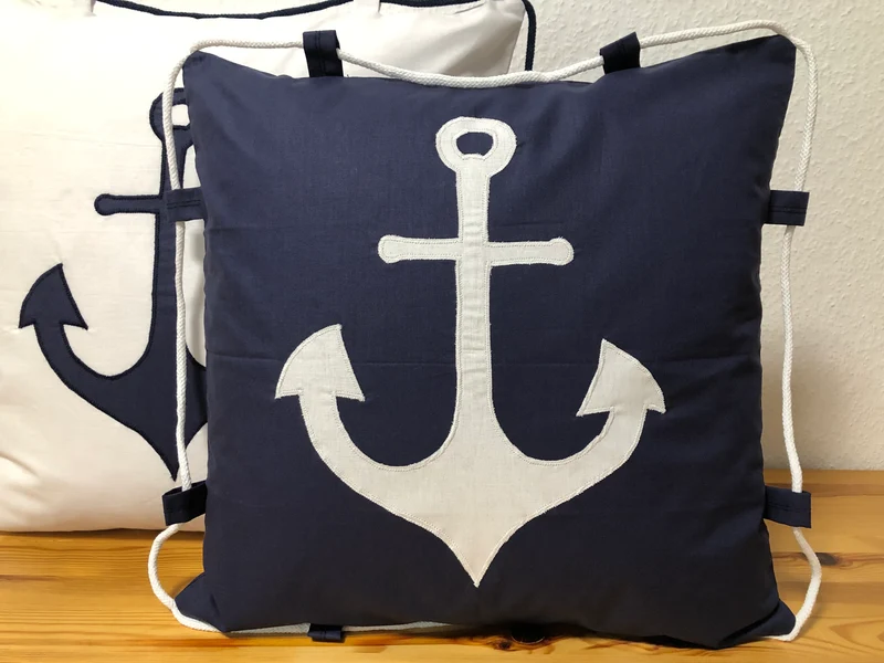 Maritime Kissenhülle mit Kordel, Landhausstil Dekokissen * Anker * blau/weiß