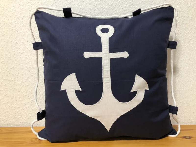 Maritime Kissenhülle mit Kordel, Landhausstil Dekokissen * Anker * blau/weiß