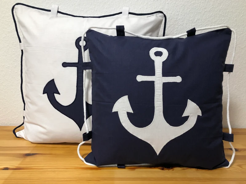 Maritime Kissenhülle mit Kordel, Landhausstil Dekokissen * Anker * blau/weiß