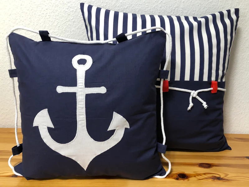 Maritime Kissenhülle mit Kordel, Landhausstil Dekokissen * Anker * blau/weiß