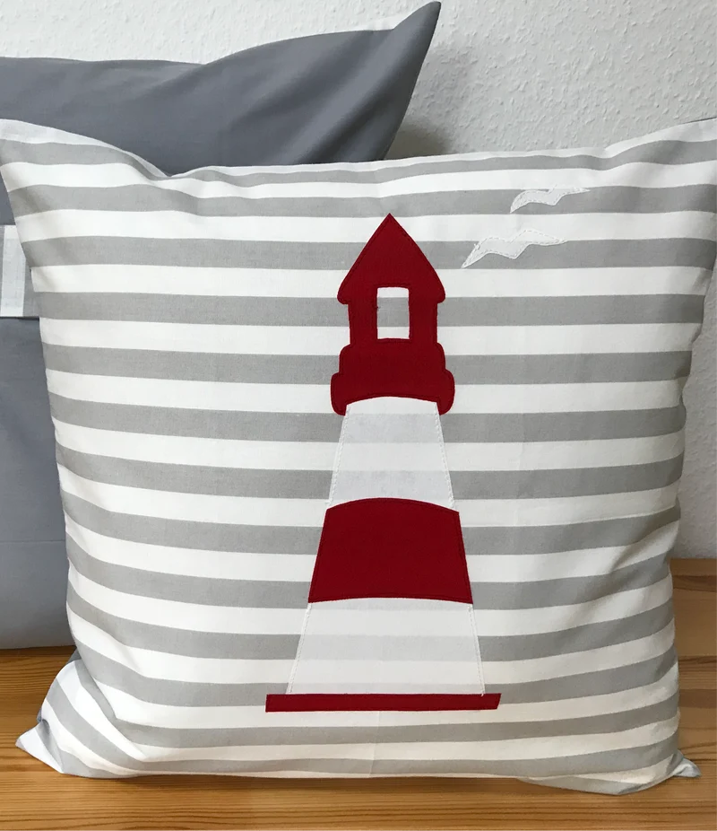 Maritime Kissenhülle, Landhausstil Dekokissen * Leuchtturm * grau/weiß/rot