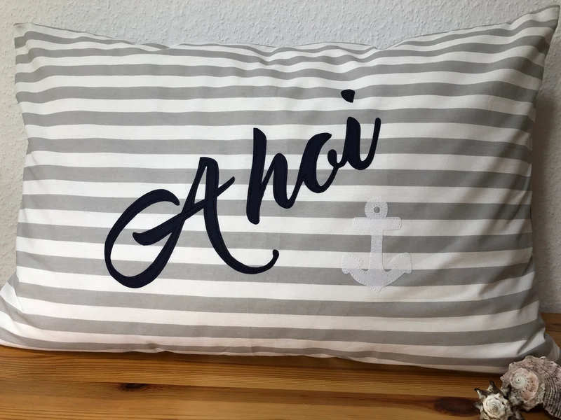 Maritime Kissenhülle, Landhausstil Kissenbezug * Ahoi * grau/weiß 40x60cm.