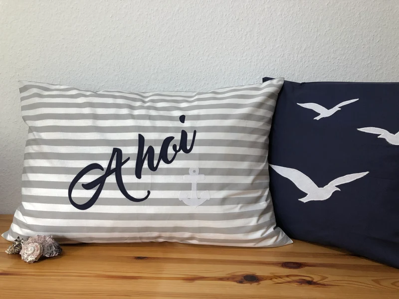 Maritime Kissenhülle, Landhausstil Kissenbezug * Ahoi * grau/weiß 40x60cm.