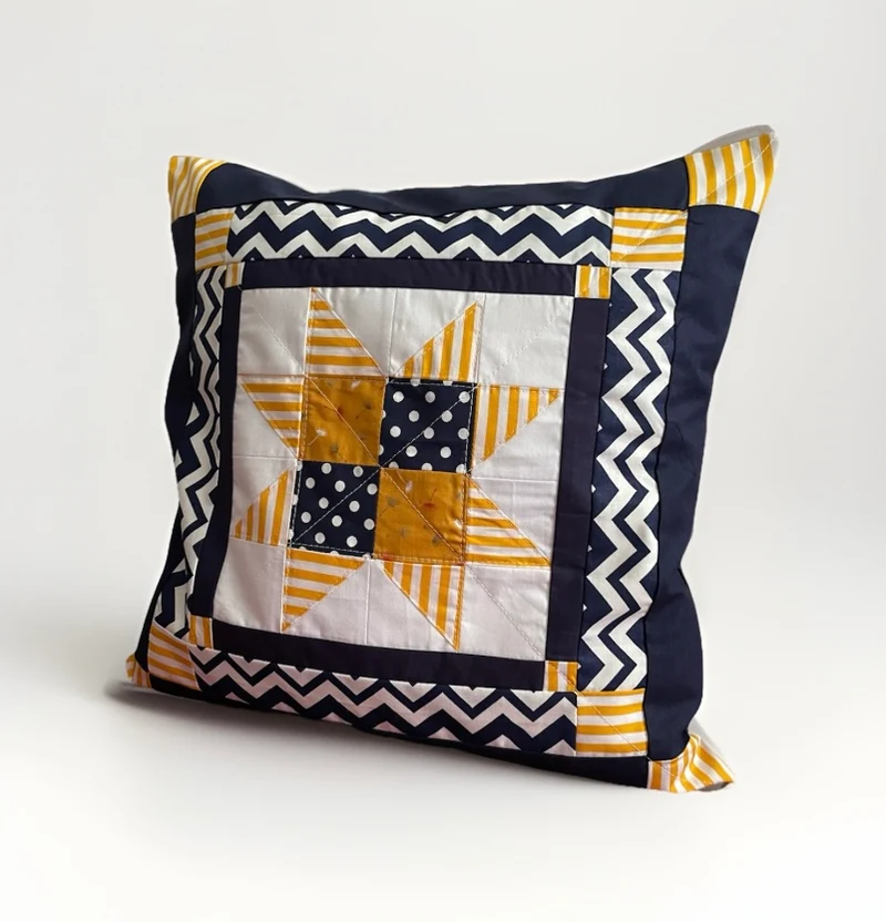 Patchwork Kissenhülle, Landhausstil Kissenbezug, blau/weiß/gelb 40x40cm