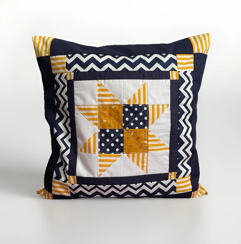 Patchwork Kissenhülle, Landhausstil Kissenbezug, blau/weiß/gelb 40x40cm