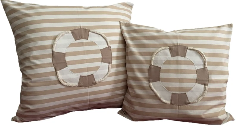 1 Maritime Kissenhülle, Landhausstil Kissenhüllen *Rettungsring* beige/weiß gestreift