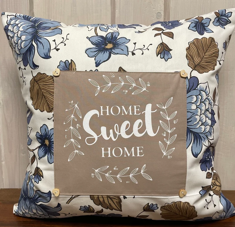 Landhausstil Kissenhülle * Kissenbezug * Dekokissen „ Home Sweet Home „ beige/blau geblumt