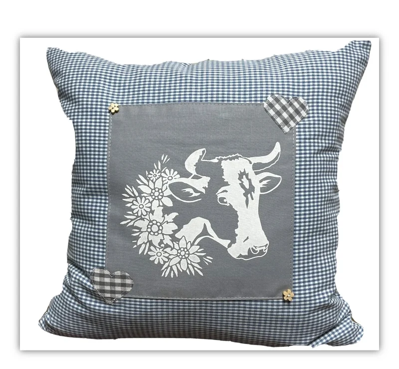 Landhausstil Kissenhülle * Kissenbezug * Bauernstube Dekokissen * Kuh* blau/grau