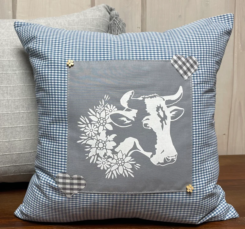 Landhausstil Kissenhülle * Kissenbezug * Bauernstube Dekokissen * Kuh* blau/grau