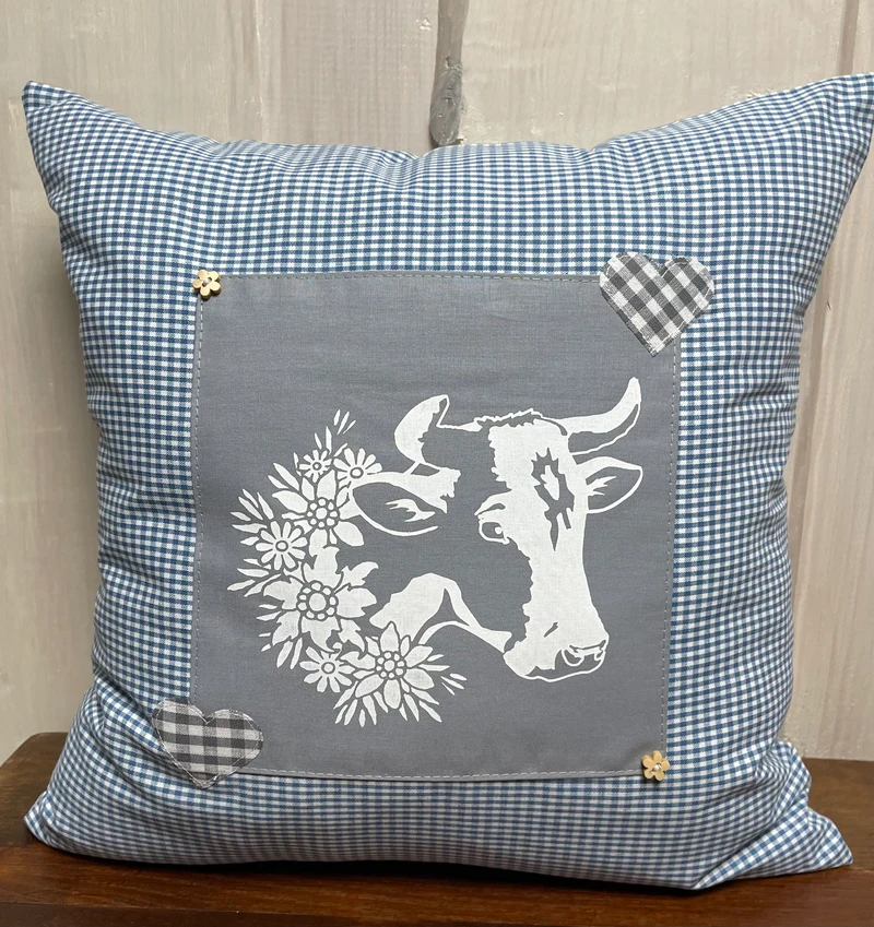 Landhausstil Kissenhülle * Kissenbezug * Bauernstube Dekokissen * Kuh* blau/grau