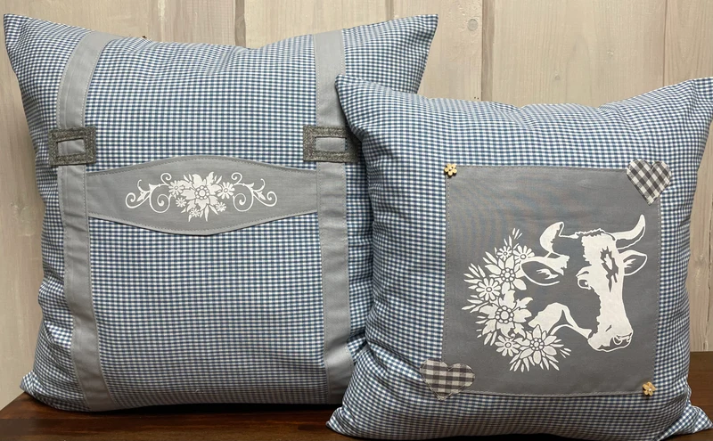 Landhausstil Kissenhülle * Kissenbezug * Bauernstube Dekokissen * Kuh* blau/grau