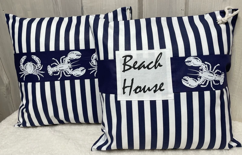 Maritime Kissenhülle, Landhausstil Dekokissen * Krebse * blau/weiß gestreift