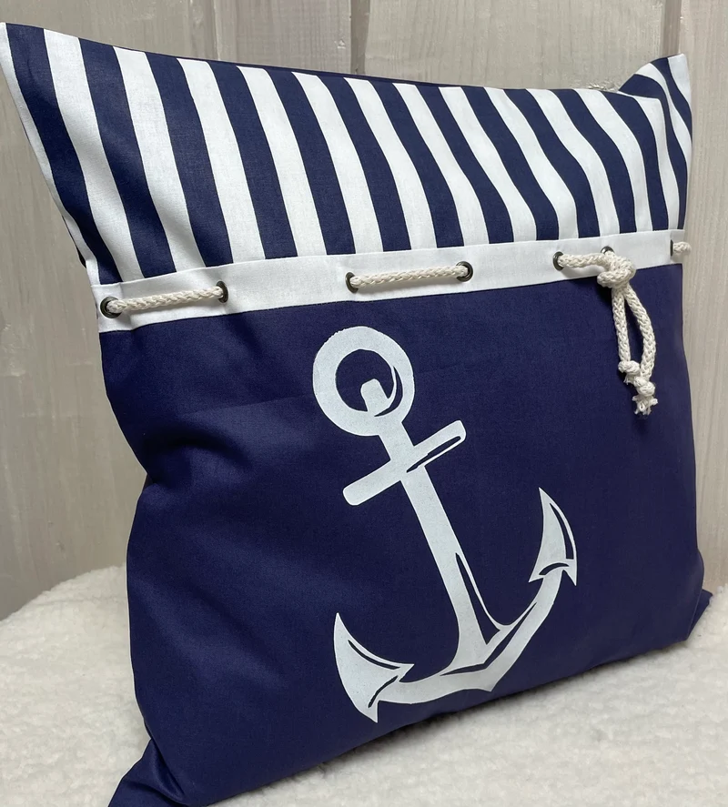 Maritime Kissenhülle, Landhausstil Dekokissen Anker blau/weiß