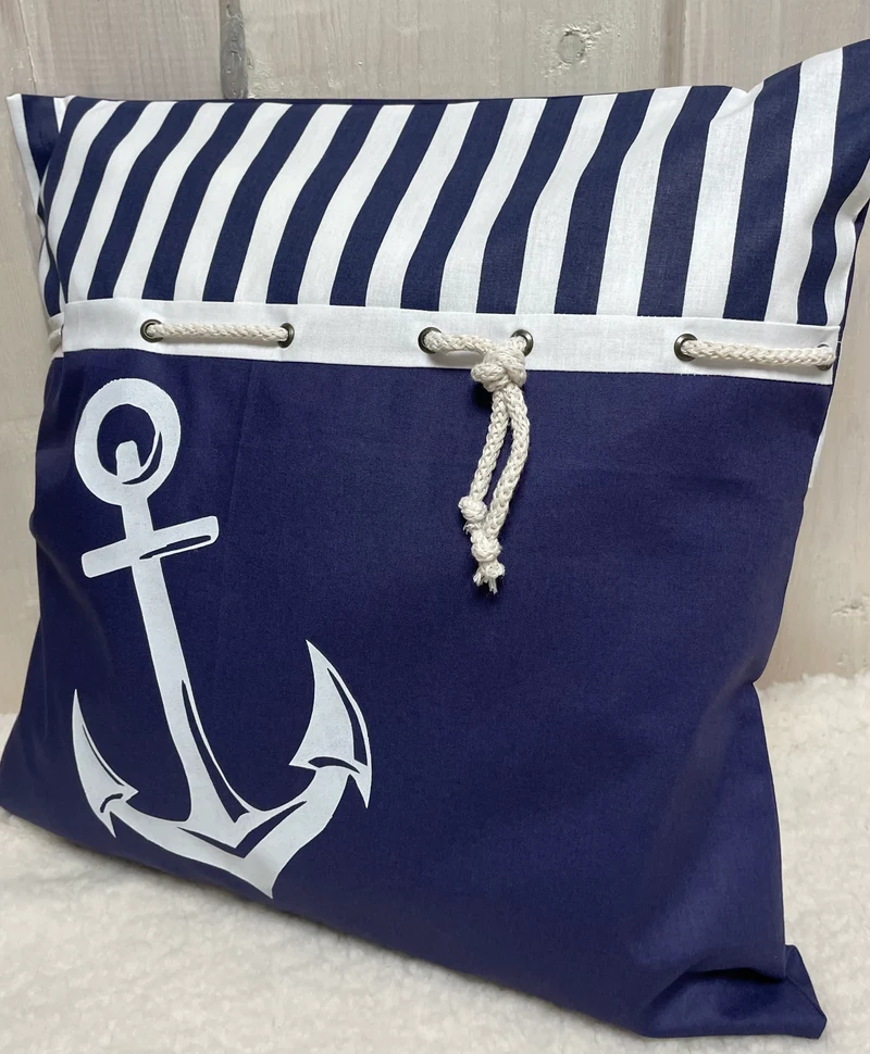 Maritime Kissenhülle, Landhausstil Dekokissen Anker blau/weiß