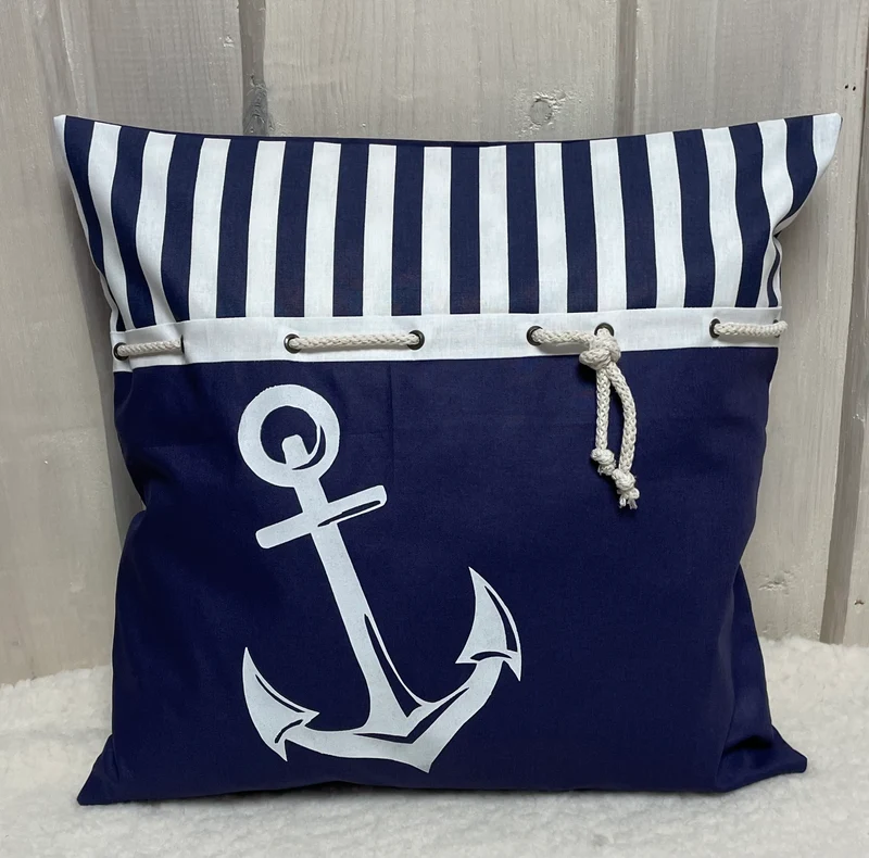 Maritime Kissenhülle, Landhausstil Dekokissen Anker blau/weiß