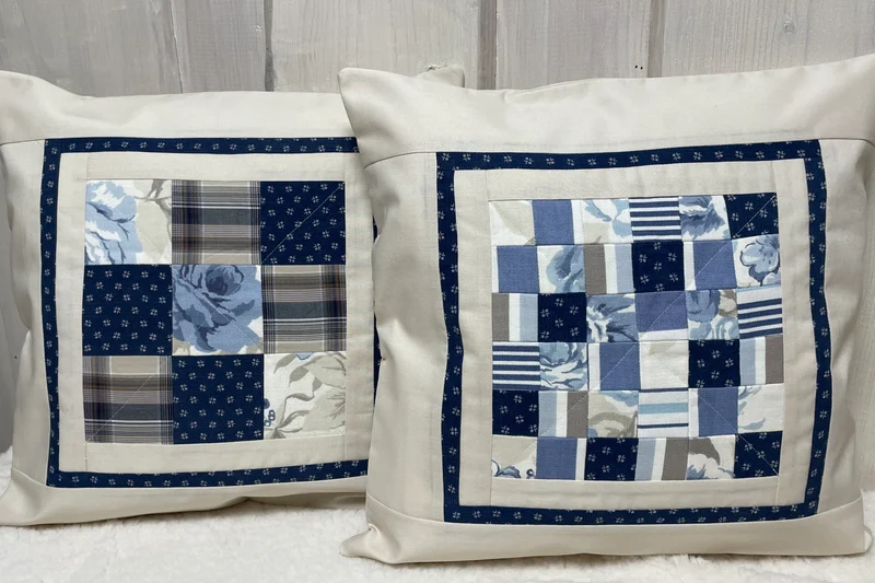 Patchwork Kissenhülle, Landhausstil Kissenbezug, blau / creme 40x40cm.