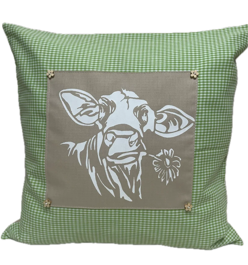 Landhausstil Kissenhülle * Kissenbezug * grün/beige kariertes Dekokissen * Kuh*