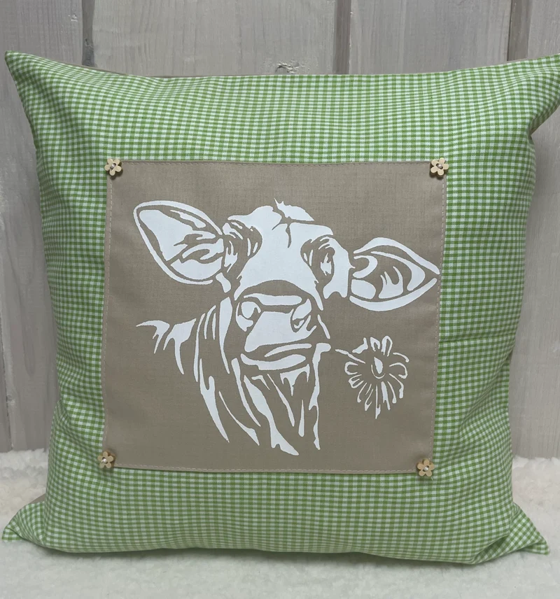 Landhausstil Kissenhülle * Kissenbezug * grün/beige kariertes Dekokissen * Kuh*