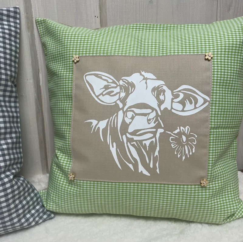 Landhausstil Kissenhülle * Kissenbezug * grün/beige kariertes Dekokissen * Kuh*