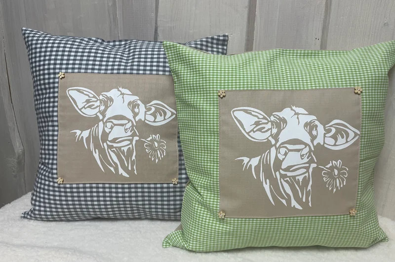 Landhausstil Kissenhülle * Kissenbezug * grün/beige kariertes Dekokissen * Kuh*