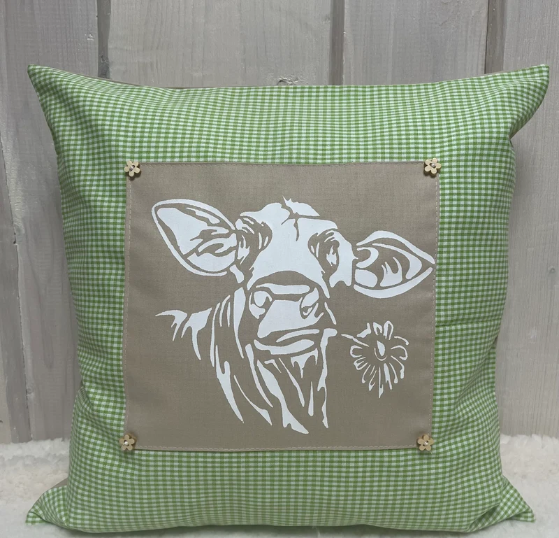 Landhausstil Kissenhülle * Kissenbezug * grün/beige kariertes Dekokissen * Kuh*