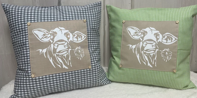 Landhausstil Kissenhülle * Kissenbezug * grün/beige kariertes Dekokissen * Kuh*
