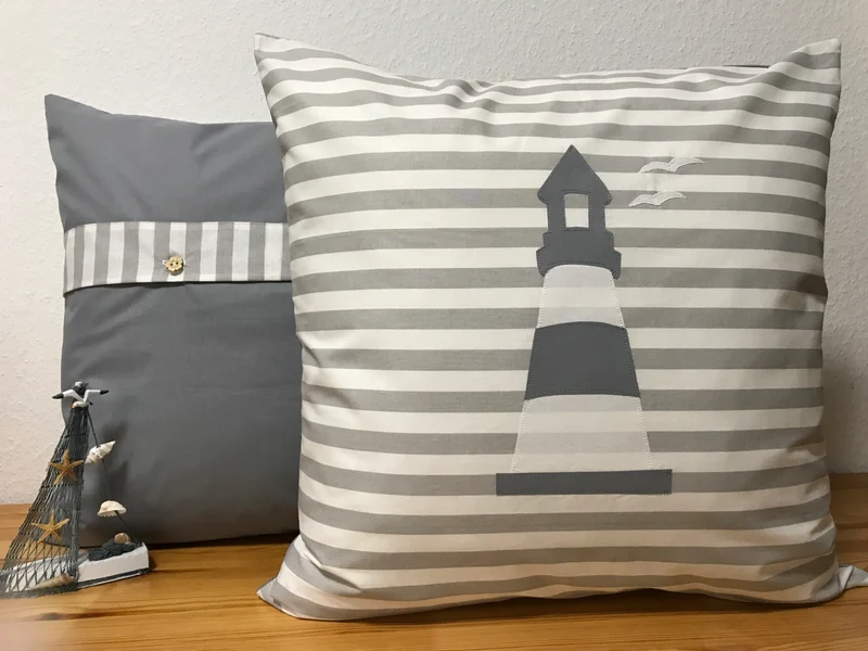 Maritime Kissenhülle, Kissenbezug, Landhausstil Kissen * Leuchtturm * grau/weiß