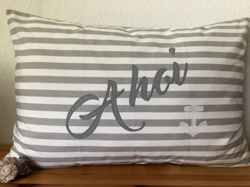 Maritime Kissenhülle, Landhausstil Kissenbezug * Ahoi * grau/weiß 40x60.