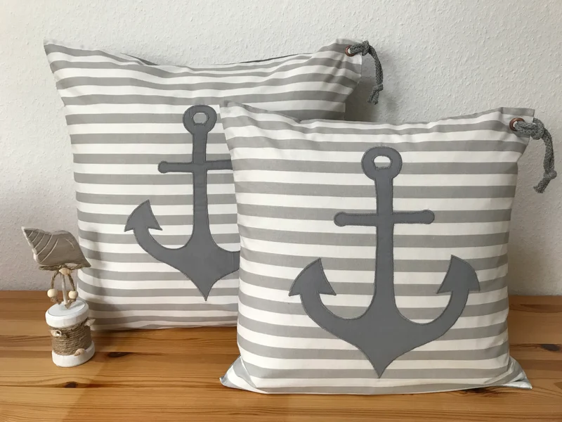 1 Maritime Kissenhülle, Kissenbezug, Landhausstil Kissen * Anker * grau/weiß.